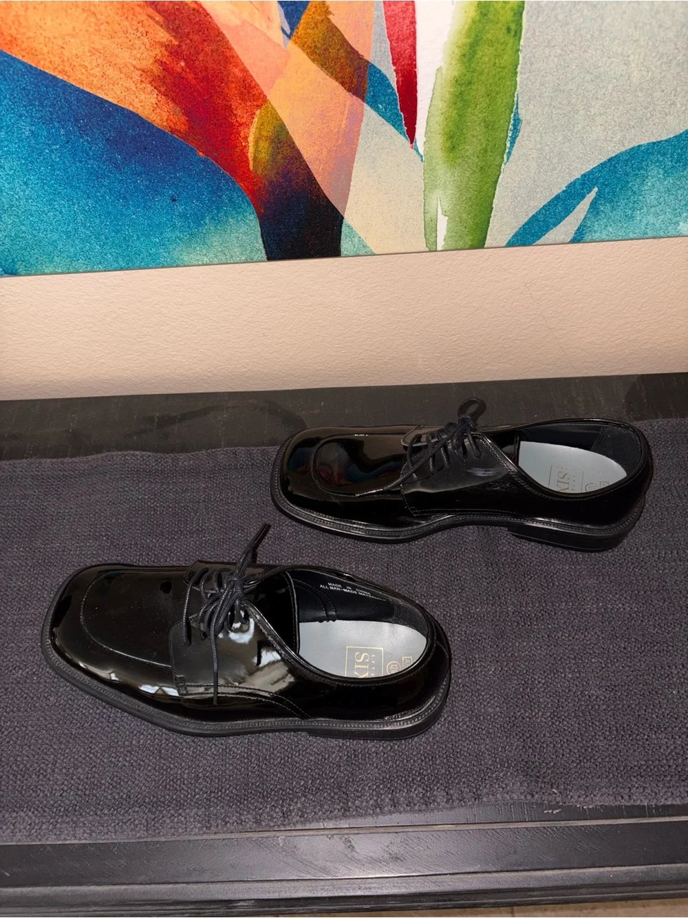 Men’s American Vintage Gloss Black Leather Dress Shoes Polished Oxfords, size 12